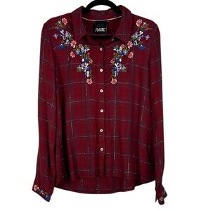 Nanette Lepore Western Plaid Floral Embroidered Metallic Button Down Large Red